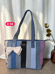 Bow-Ladies Shoulder Patchwork Denim Tote Bag-B04