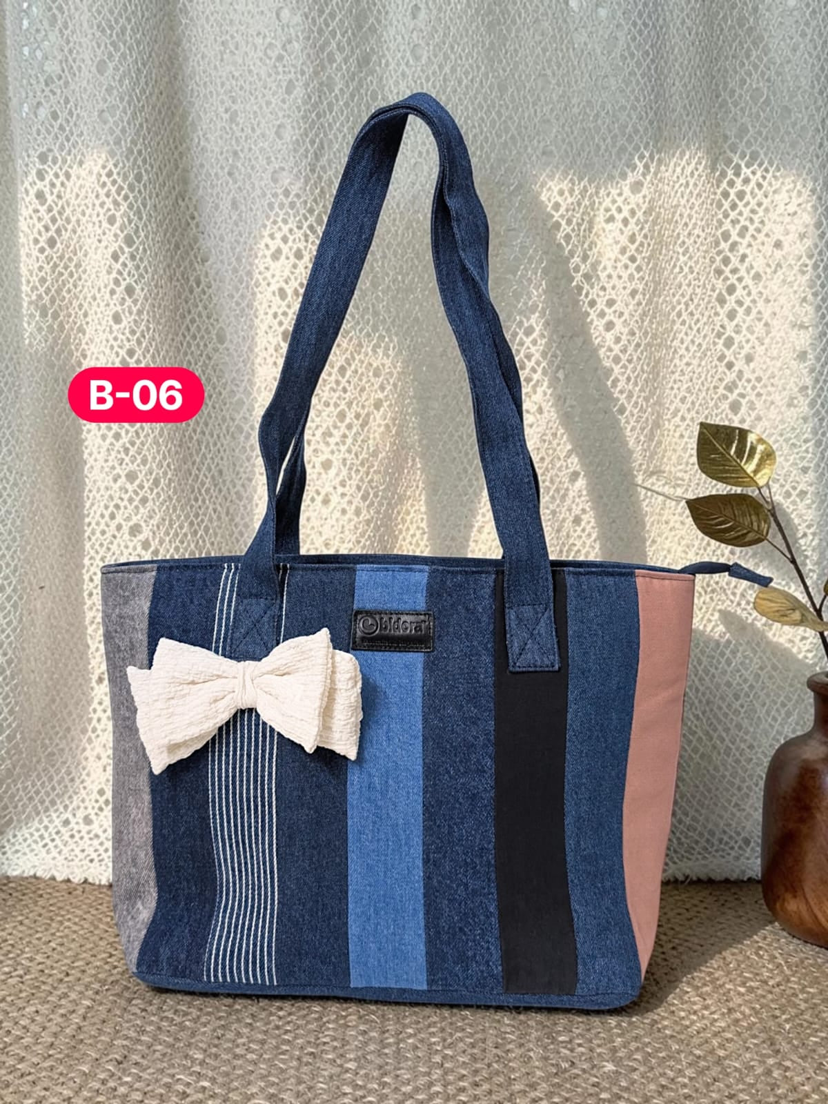 Bow-Ladies Shoulder Patchwork Denim Tote Bag-B06