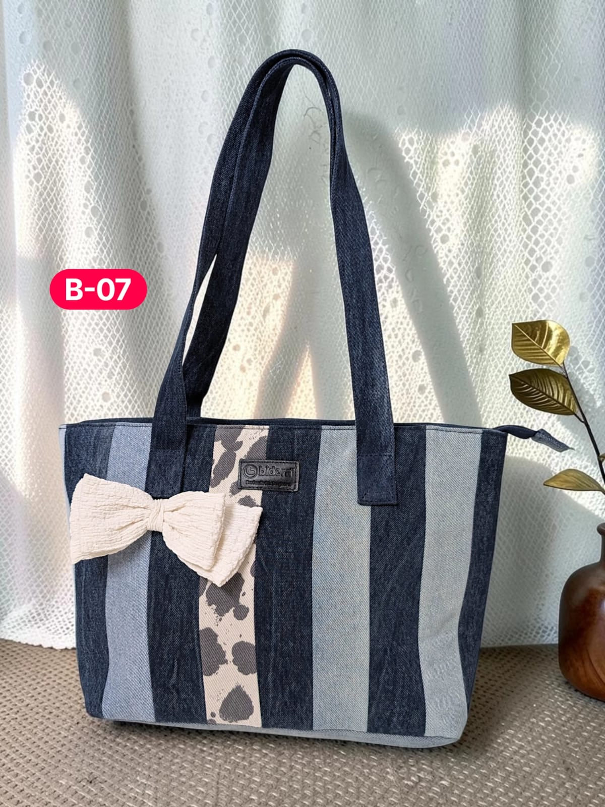 Bow-Ladies Shoulder Patchwork Denim Tote Bag-B07