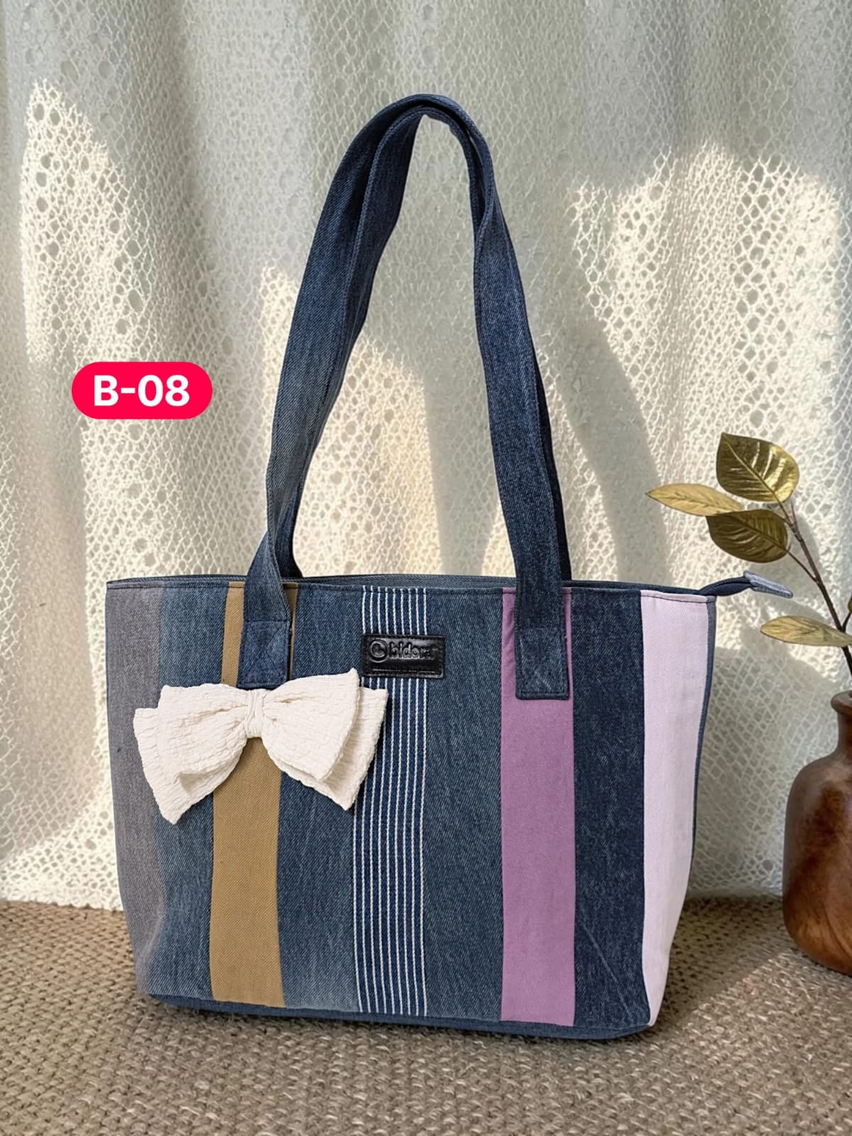 Bow-Ladies Shoulder Patchwork Denim Tote Bag-B08