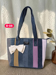 Bow-Ladies Shoulder Patchwork Denim Tote Bag-B08