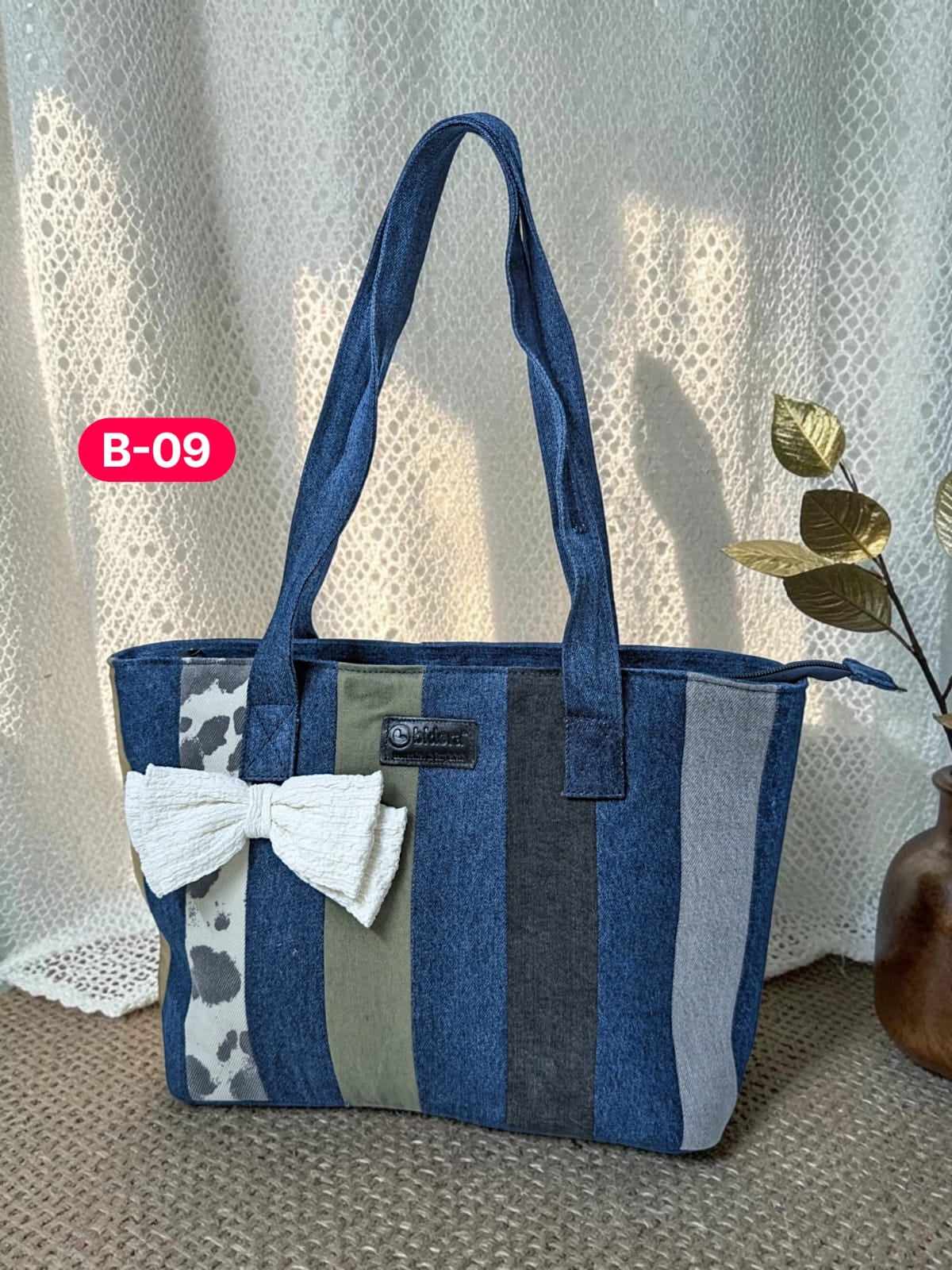 Bow-Ladies Shoulder Patchwork Denim Tote Bag-B09