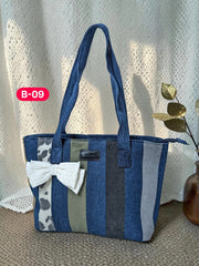 Bow-Ladies Shoulder Patchwork Denim Tote Bag-B09