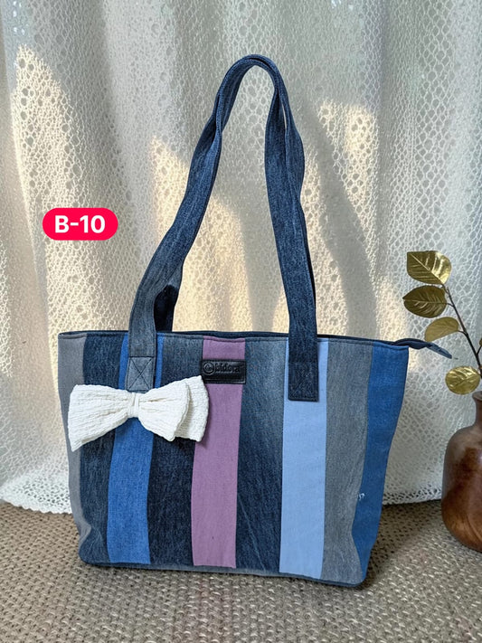 Bow-Ladies Shoulder Patchwork Denim Tote Bag-B10