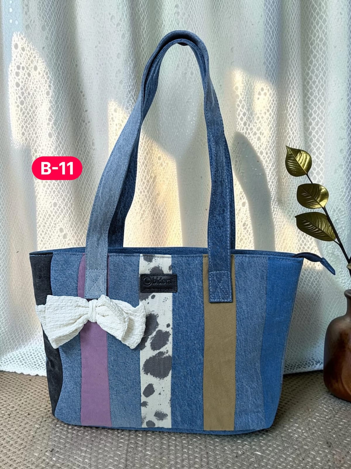 Bow-Ladies Shoulder Patchwork Denim Tote Bag-B11