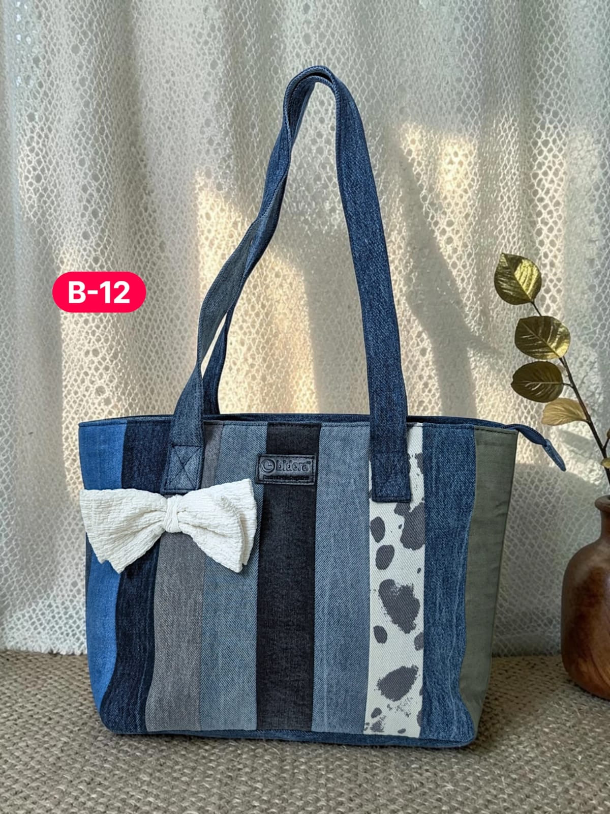 Bow-Ladies Shoulder Patchwork Denim Tote Bag-B12