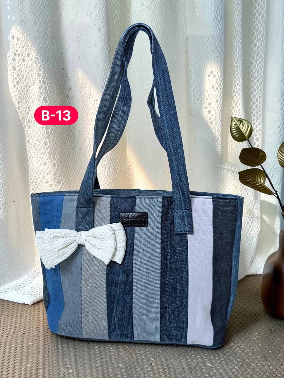 Bow-Ladies Shoulder Patchwork Denim Tote Bag-B13