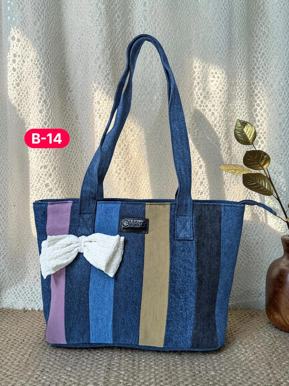Bow-Ladies Shoulder Patchwork Denim Tote Bag-B14