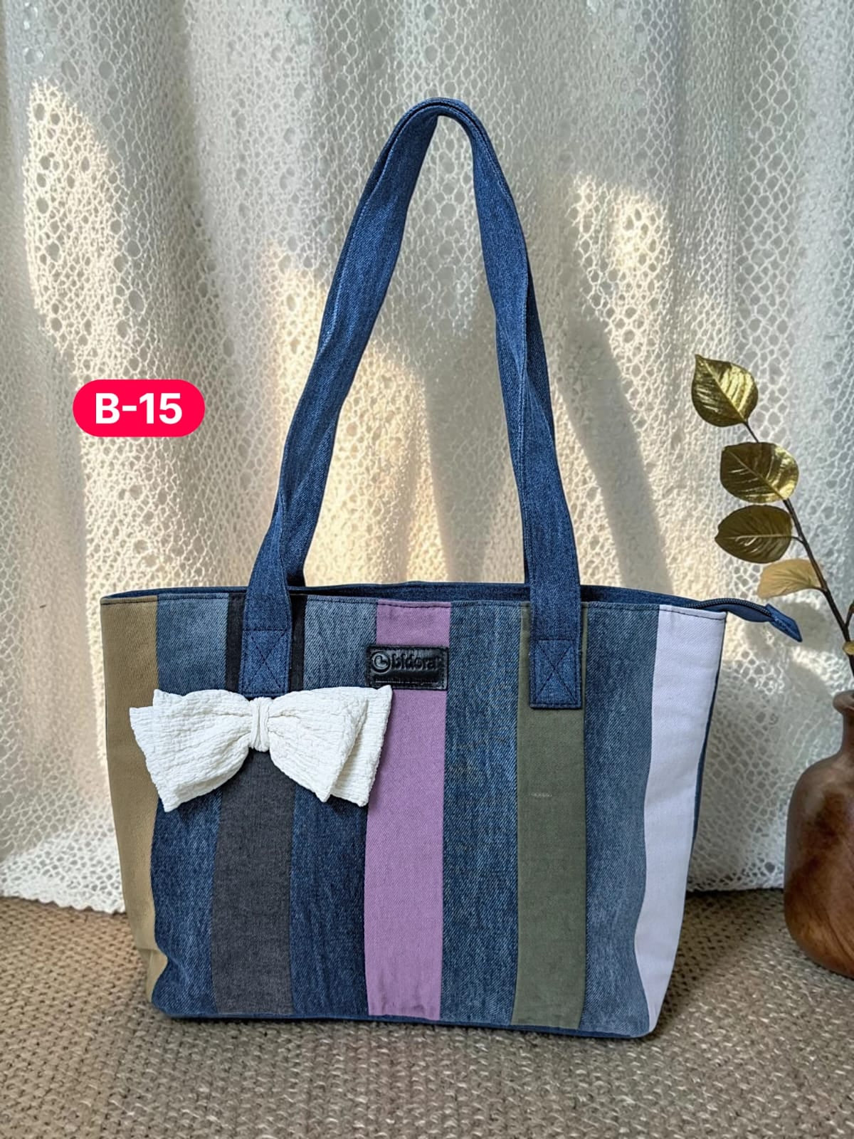 Bow-Ladies Shoulder Patchwork Denim Tote Bag-B15