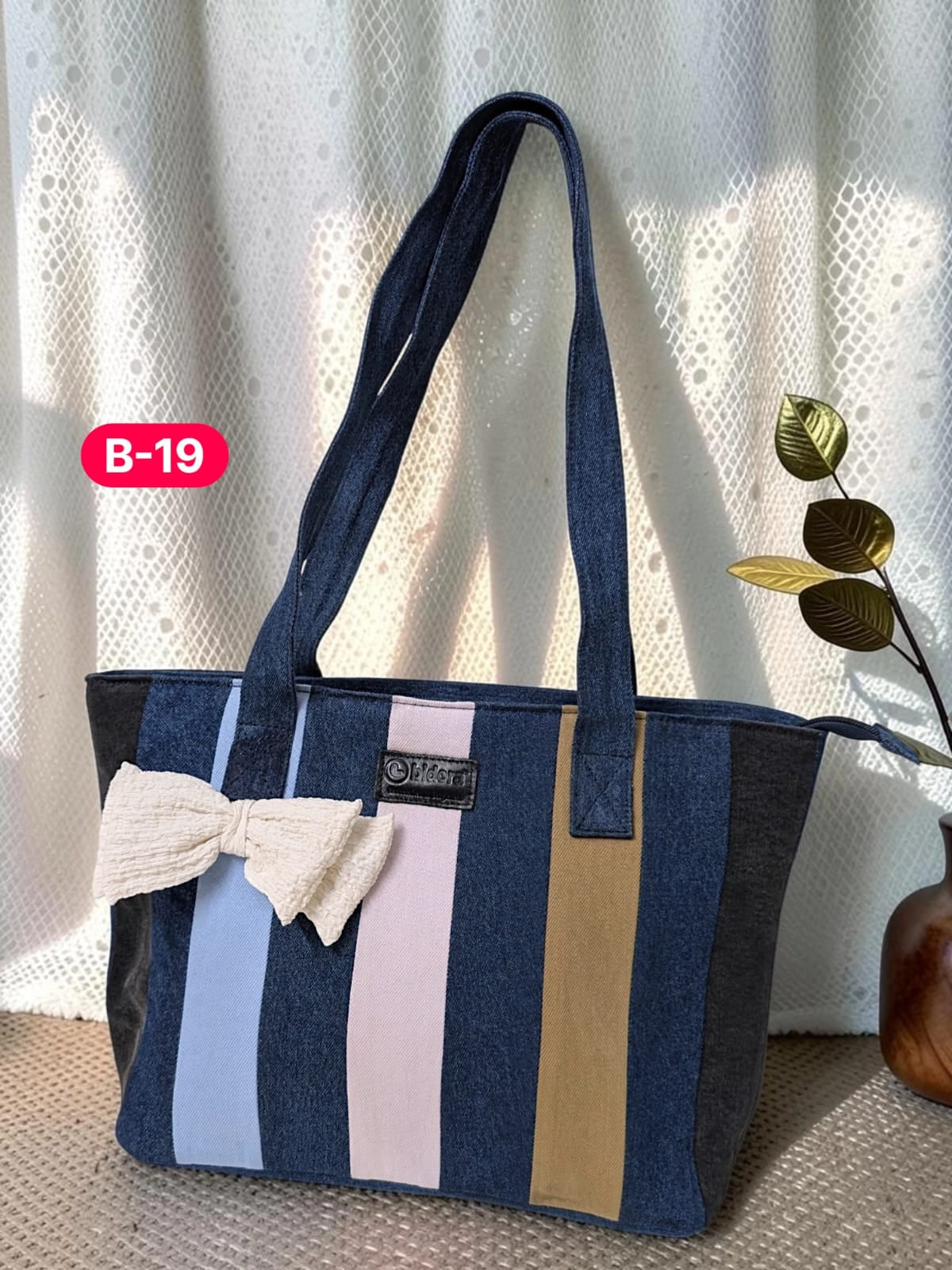 Bow-Ladies Shoulder Patchwork Denim Tote Bag-B19