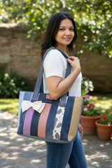 Bow-Ladies Shoulder Patchwork Denim Tote Bag-B08