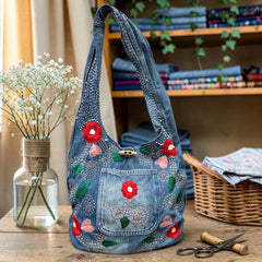 Embroidered Denim Boho Shoulder Bag