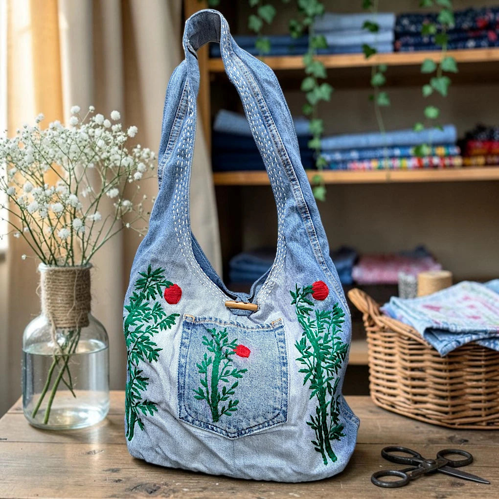 Embroidered Denim Boho Shoulder Bag