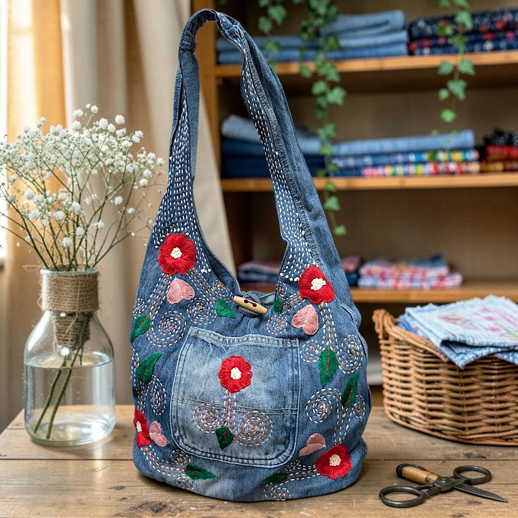 Embroidered Denim Boho Shoulder Bag