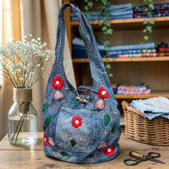 Embroidered Denim Boho Shoulder Bag