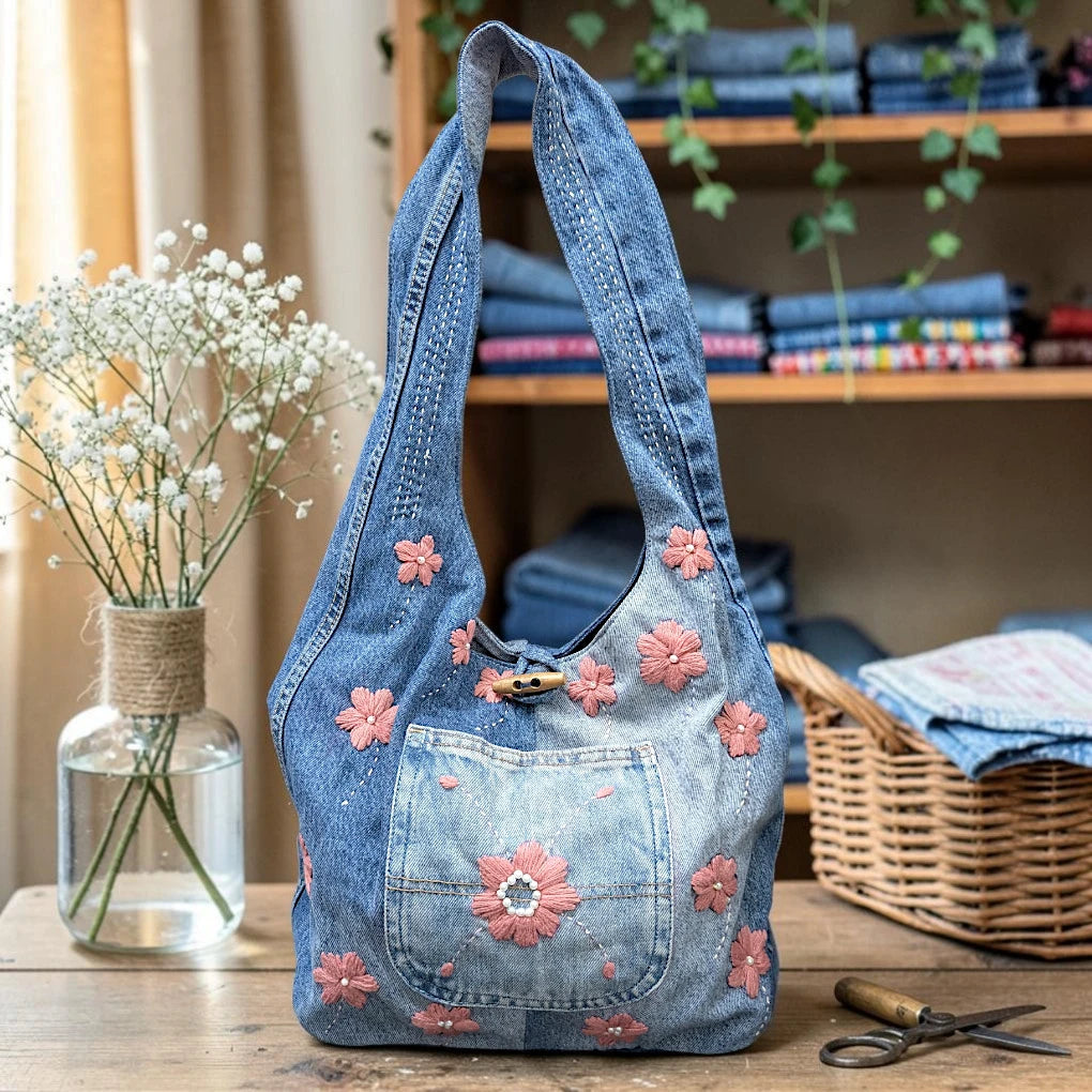 Embroidered Denim Boho Shoulder Bag