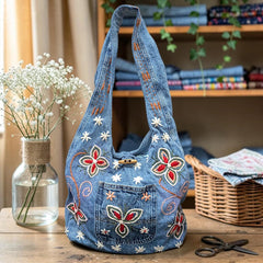 Embroidered Denim Boho Shoulder Bag