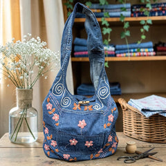 Embroidered Denim Boho Shoulder Bag
