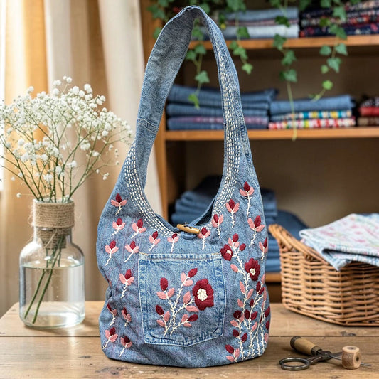 Embroidered Denim Boho Shoulder Bag