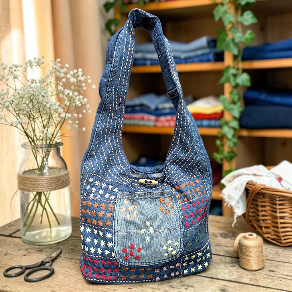 Embroidered Denim Boho Shoulder Bag