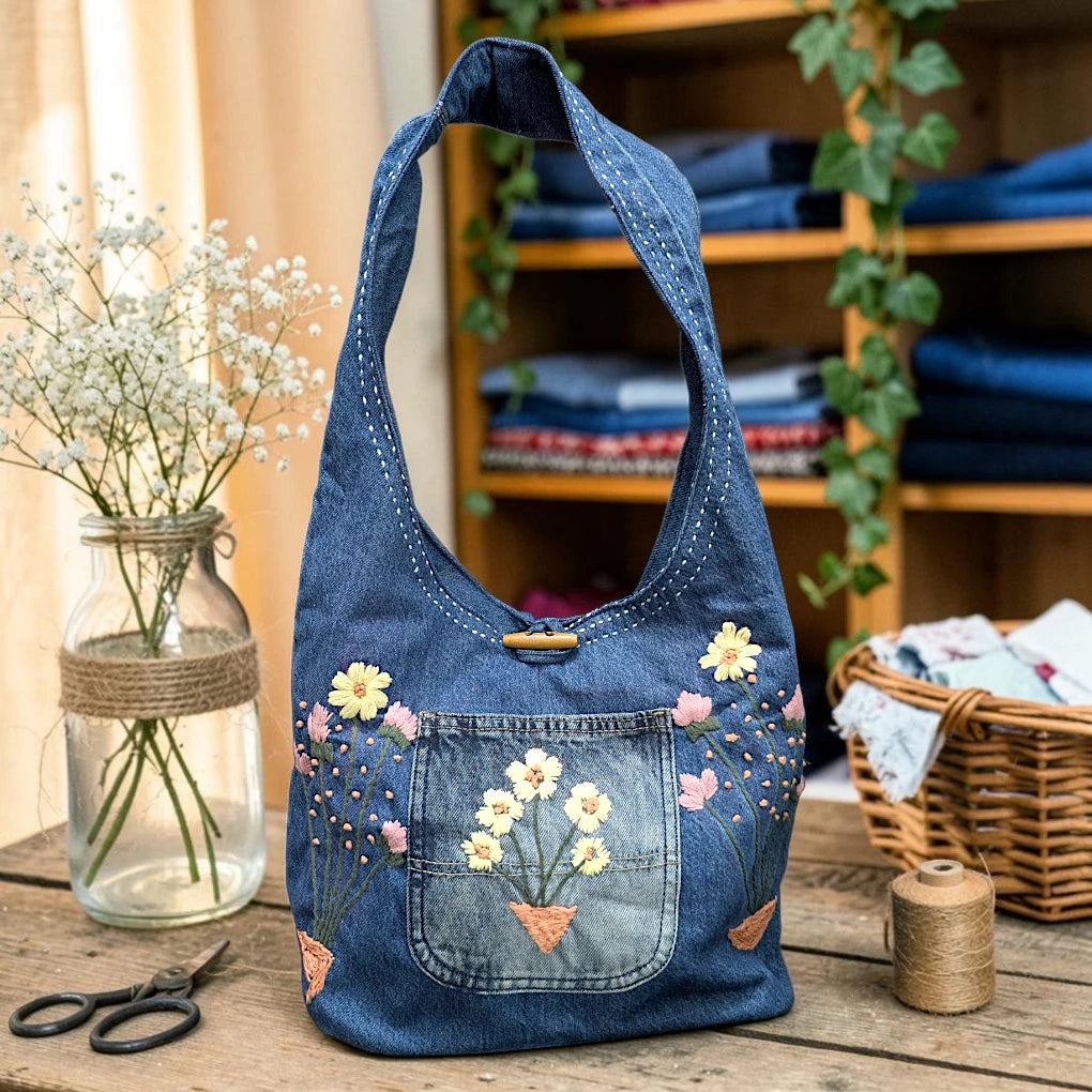 Embroidered Denim Boho Shoulder Bag