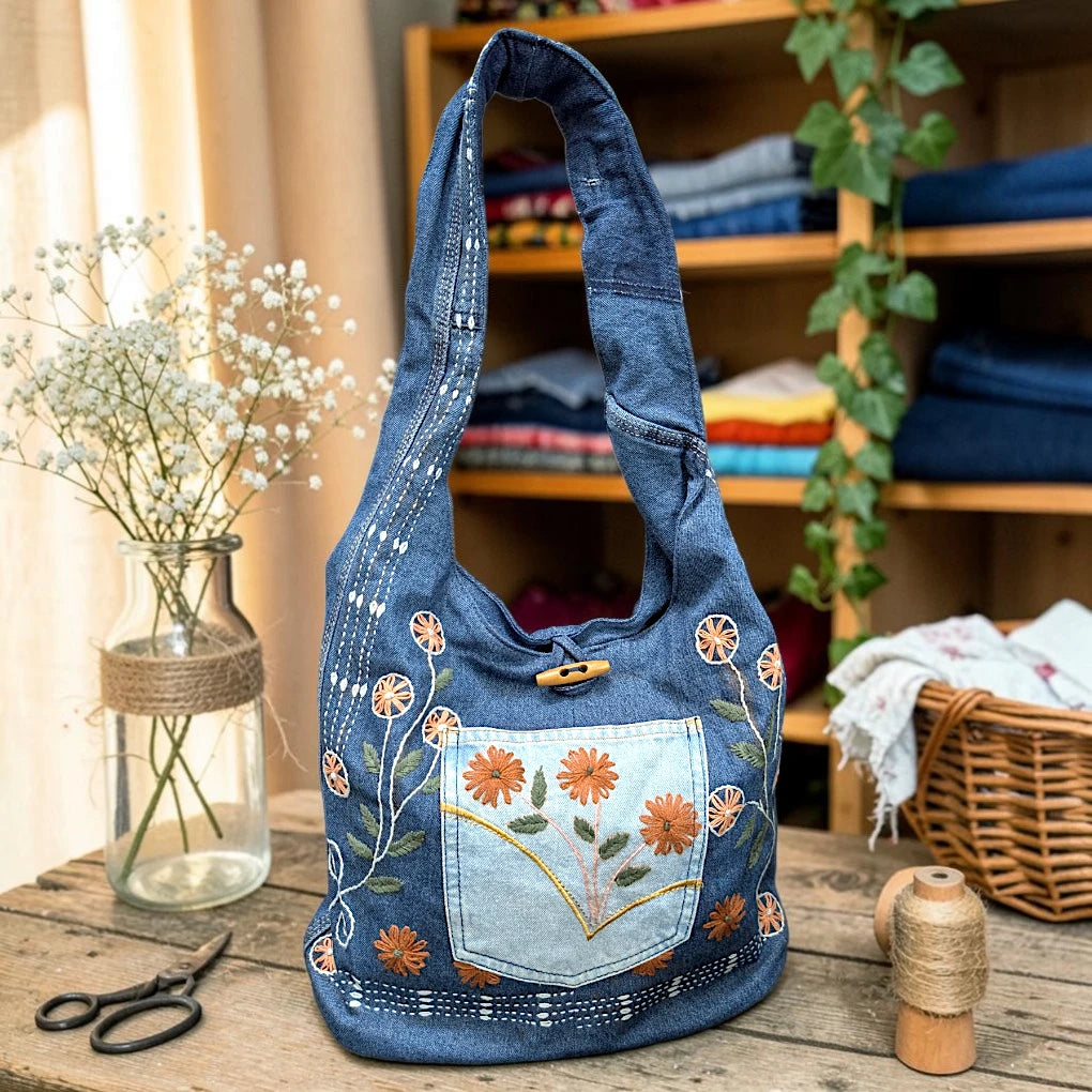 Embroidered Denim Boho Shoulder Bag
