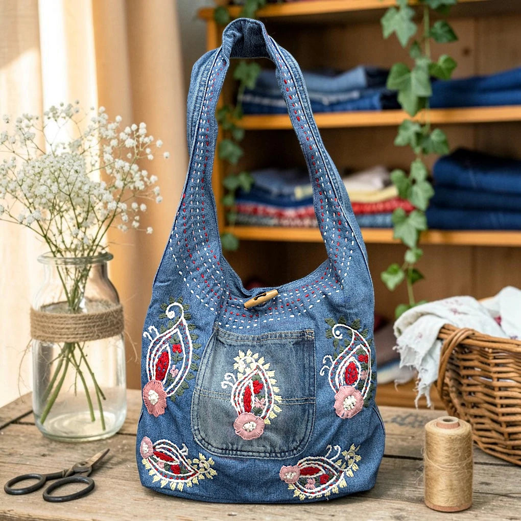 Embroidered Denim Boho Shoulder Bag