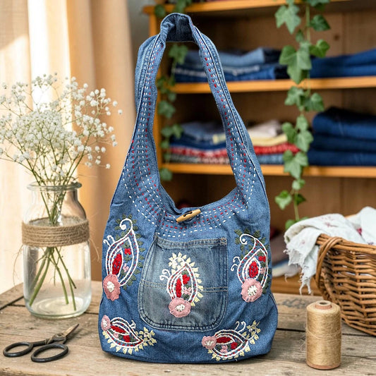 Embroidered Denim Boho Shoulder Bag