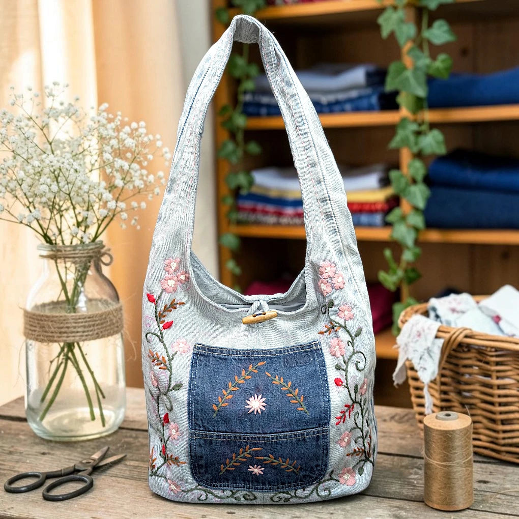 Embroidered Denim Boho Shoulder Bag