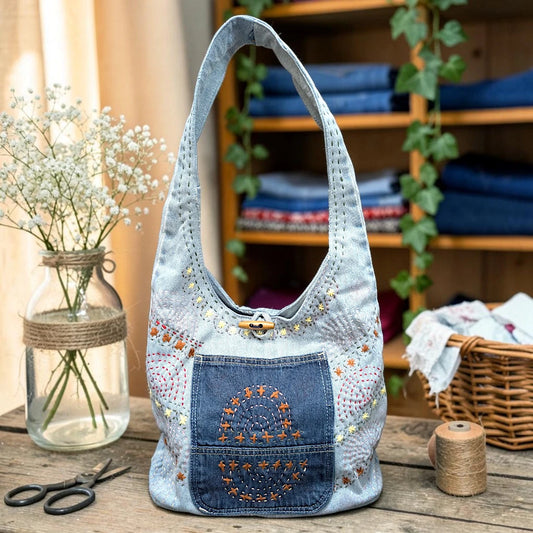 Embroidered Denim Boho Shoulder Bag