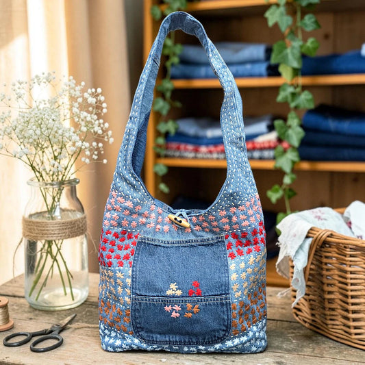 Embroidered Denim Boho Shoulder Bag