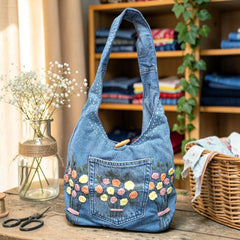 Embroidered Denim Boho Shoulder Bag