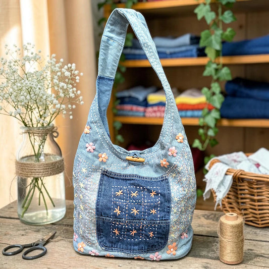 Embroidered Denim Boho Shoulder Bag