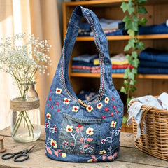Embroidered Denim Boho Shoulder Bag