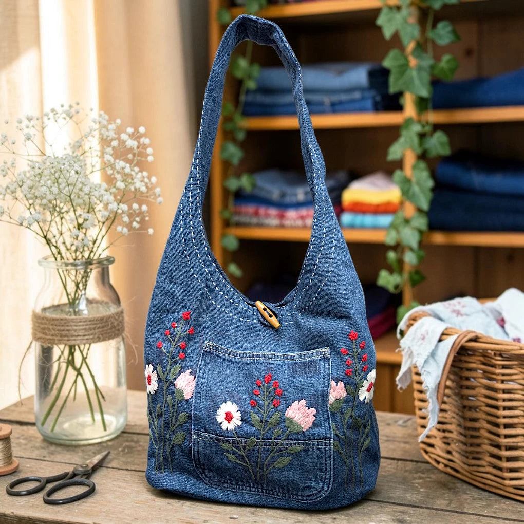 Embroidered Denim Boho Shoulder Bag