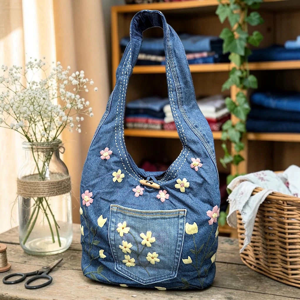 Embroidered Denim Boho Shoulder Bag