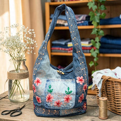 Embroidered Denim Boho Shoulder Bag
