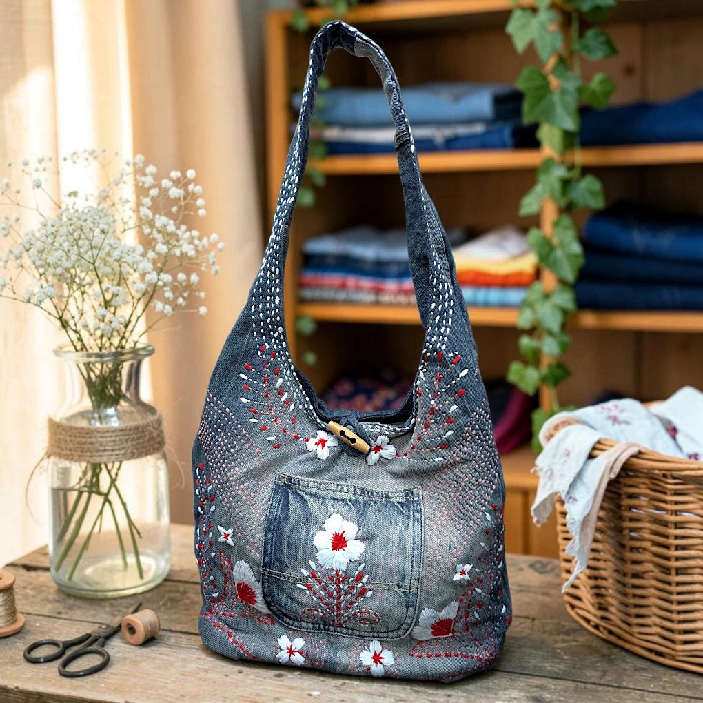 Embroidered Denim Boho Shoulder Bag