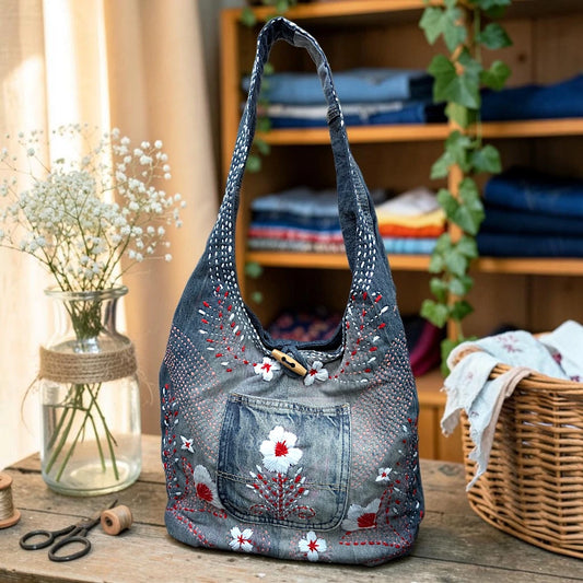Embroidered Denim Boho Shoulder Bag