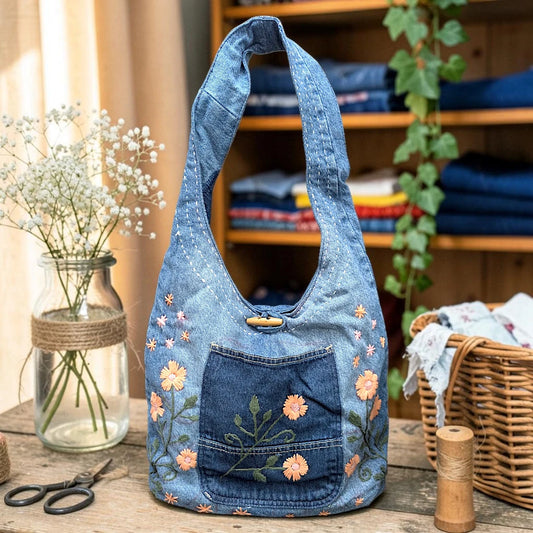 Embroidered Denim Boho Shoulder Bag