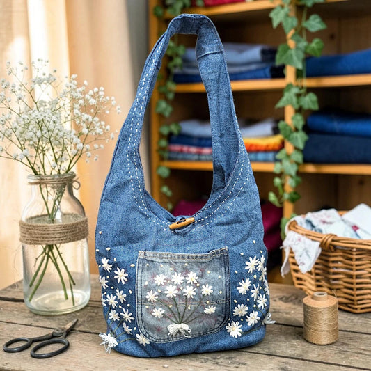 Embroidered Denim Boho Shoulder Bag
