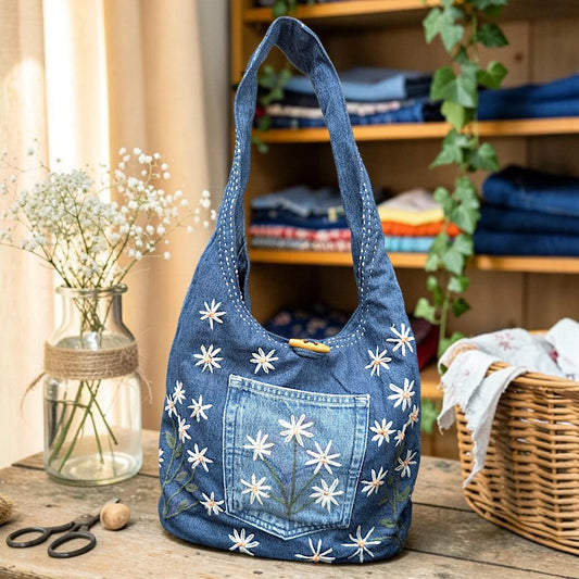 Embroidered Denim Boho Shoulder Bag