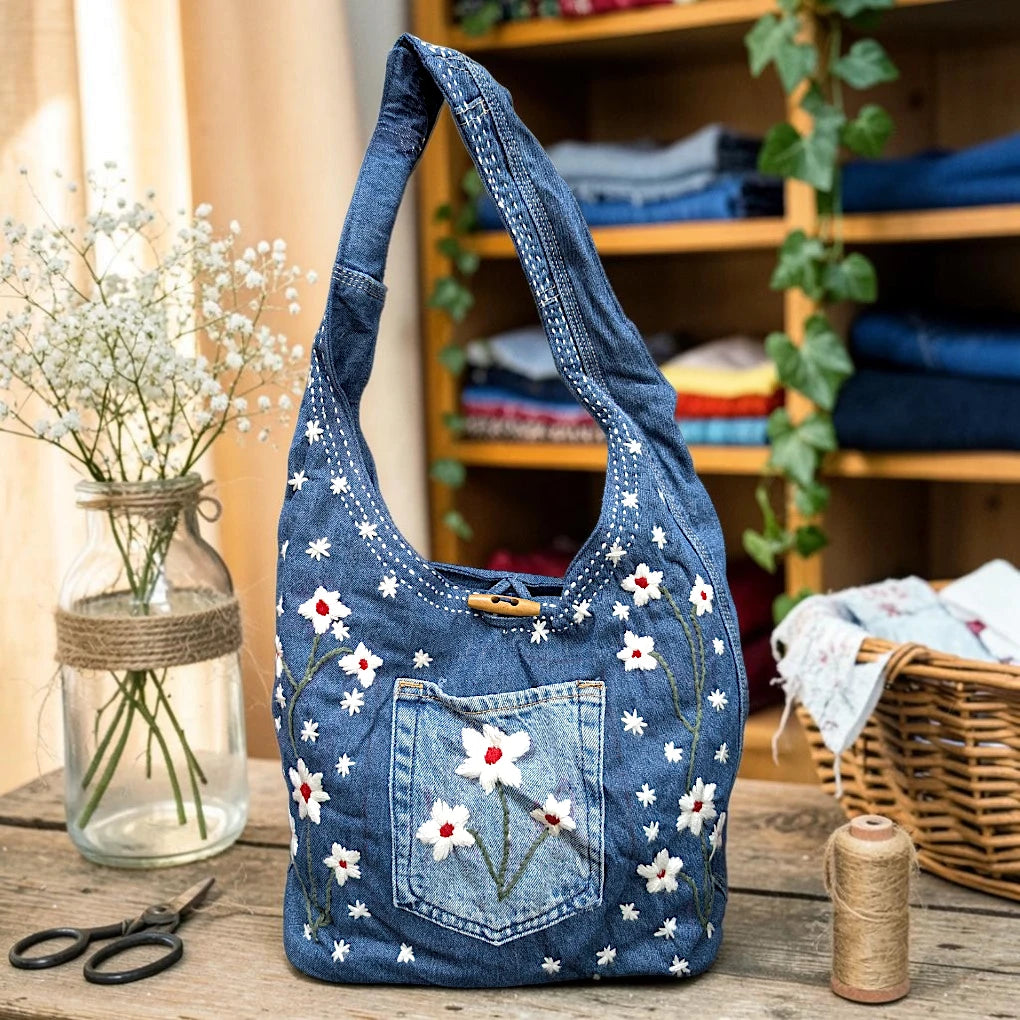 Embroidered Denim Boho Shoulder Bag