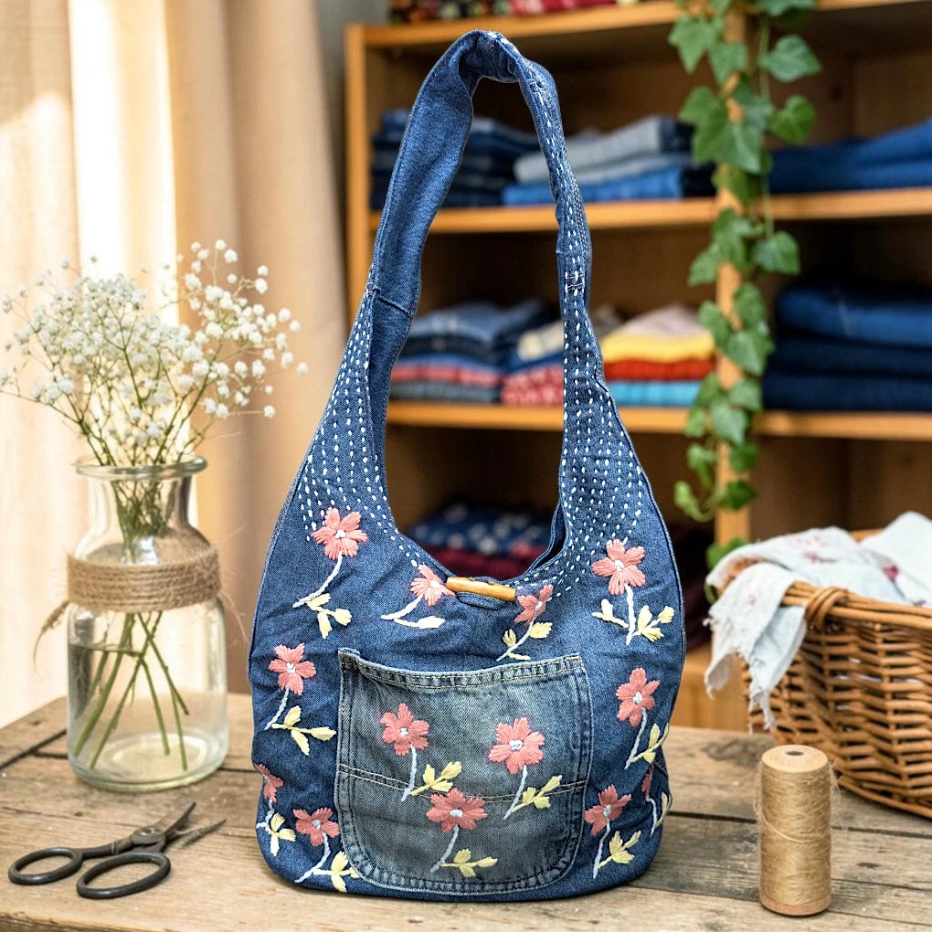 Embroidered Denim Boho Shoulder Bag