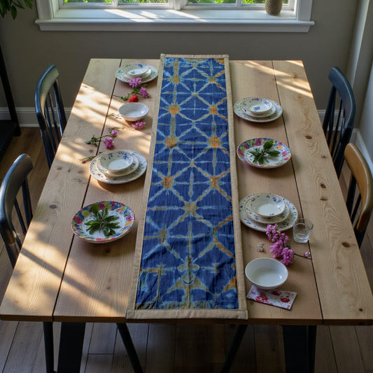 Handmade Batic Table Runner – Denim Backside & Borderline Finish