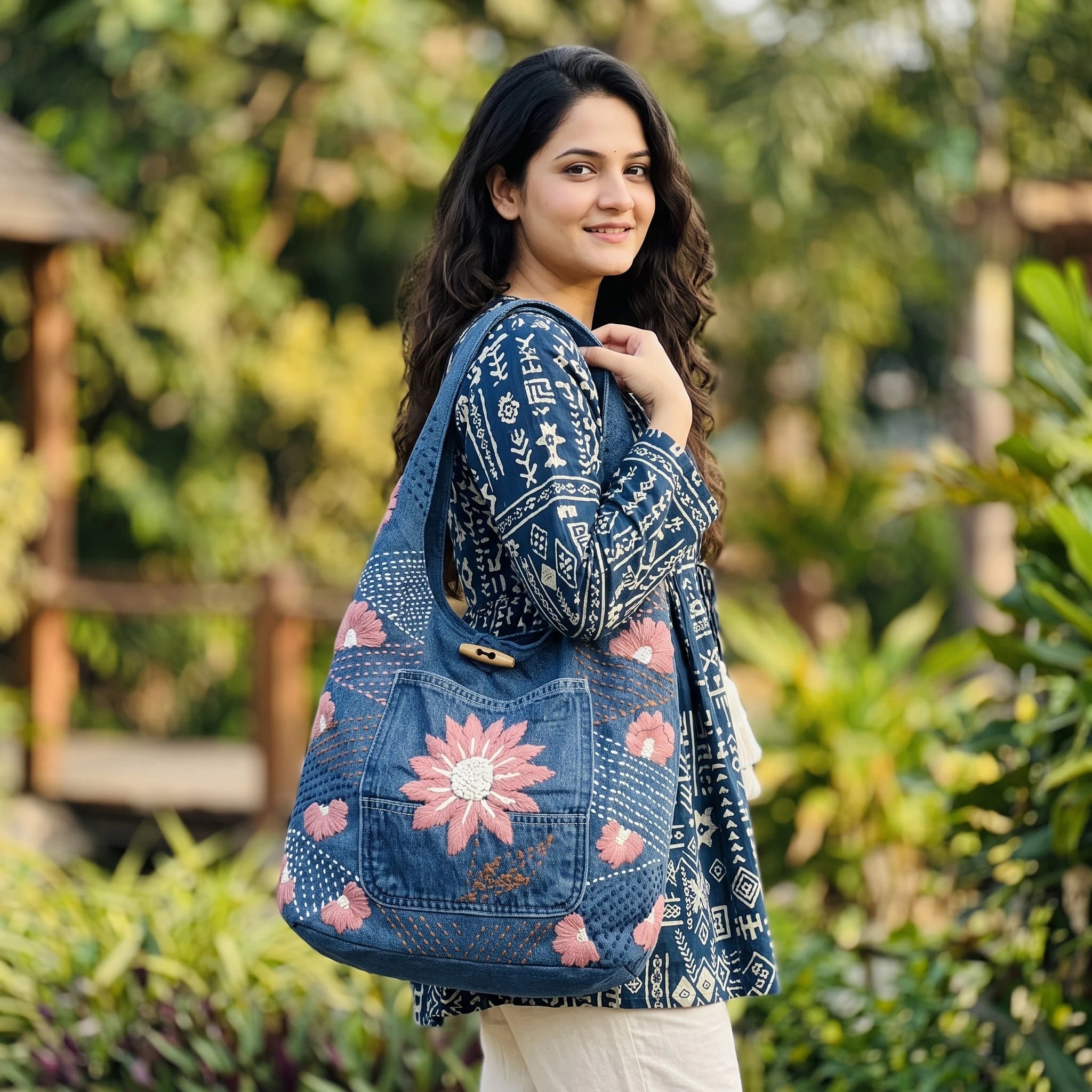Bidora denim hobo shoulder bag with pink and white floral embroidery and wooden toggle closure worn by a woman