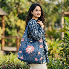 Bidora denim hobo shoulder bag with pink and white floral embroidery and wooden toggle closure worn by a woman