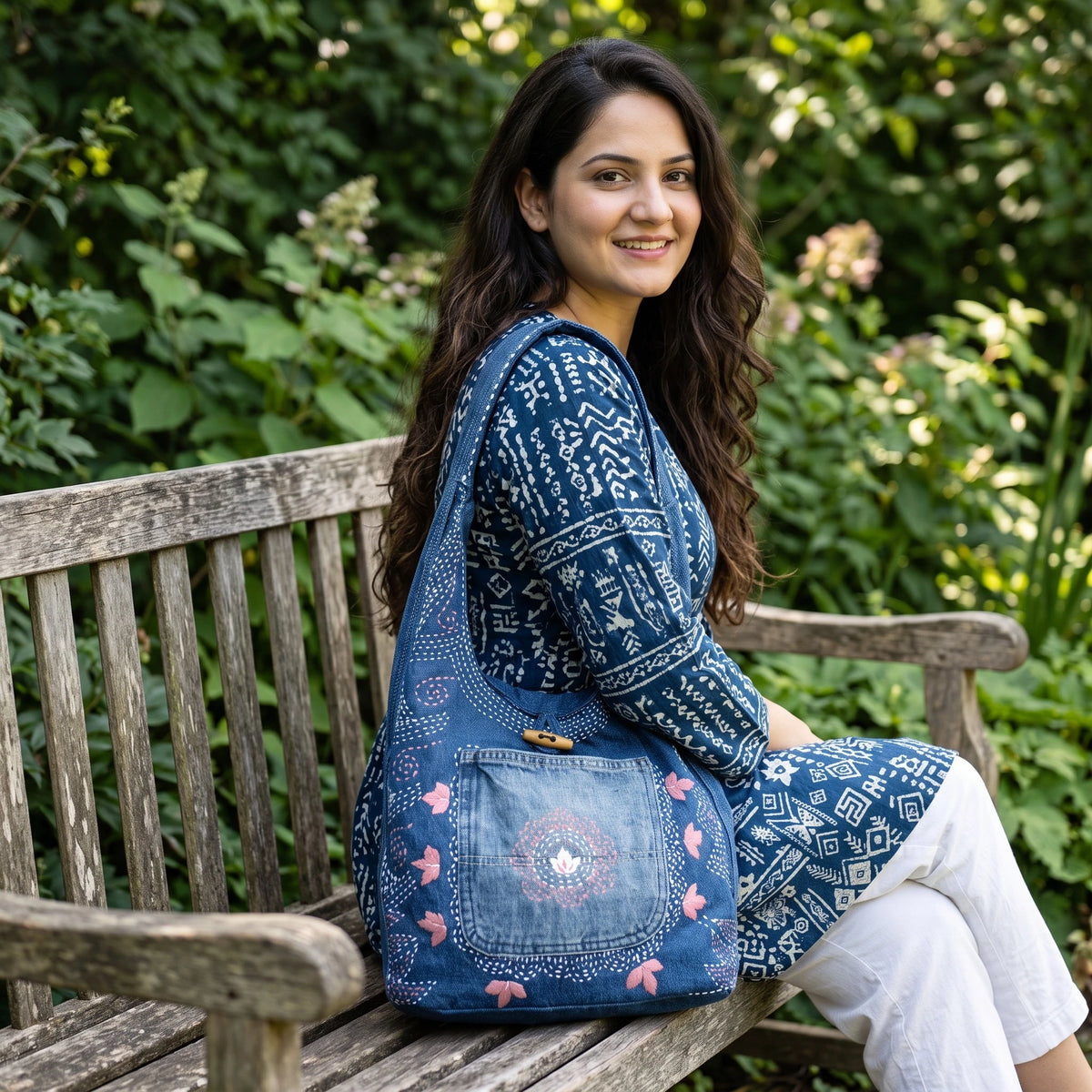 Bidora blue denim hobo bag with floral embroidery and wooden toggle, worn by a woman on a wooden park bench.