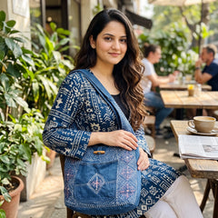 Bidora indigo denim hobo bag with pink and white embroidery and wooden toggle, worn by a woman at an outdoor cafe.