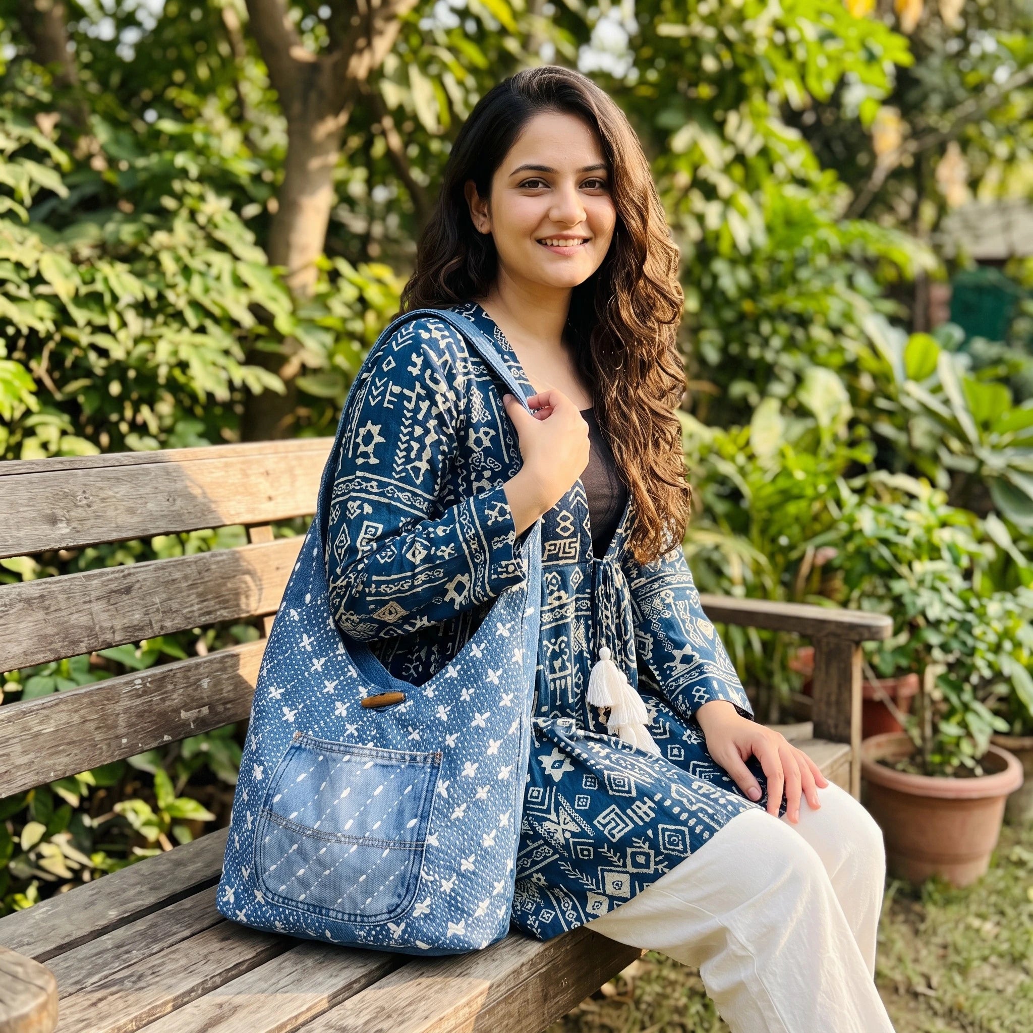 Bidora denim hobo bag with white hand-stitched embroidery and wooden toggle, worn by a woman on a wooden bench.